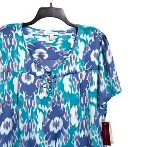 JM Collection Top Women Size 18 Blue Purple Button Detail Tribal Ikat Blouse